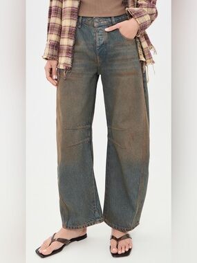 We The Free Good Luck Mid Rise Barrel Jeans in Brown-Blue Fade